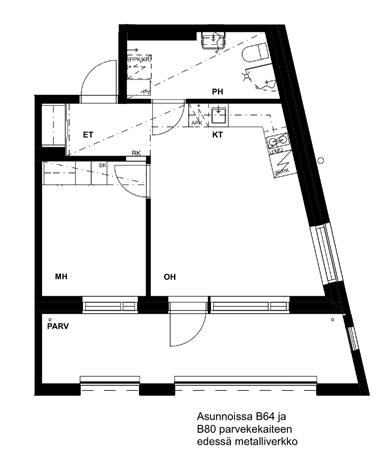 Huoneistopohjat 2h + kt 39,0 m 2 Asunto B57, 1. kerros Asunto B64, 2.