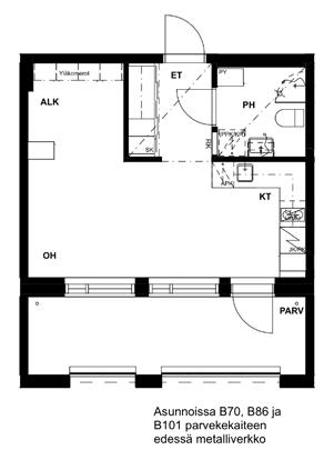 Huoneistopohjat 1h + alk + kt 28,5 m 2 Asunto B56, 1.