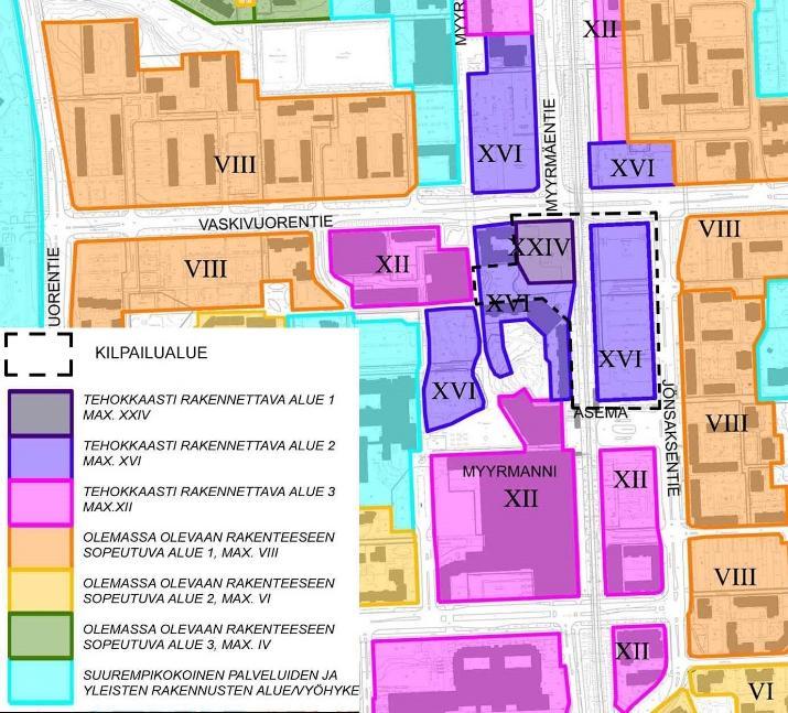Ote Myyrmäen kaavarungosta: rakentamisen korkeus ja kaupunkikuva Kortteleista tulee suunnitella arkkitehtuuriltaan vaihtelevia, monipuolisia ja kerroksellisia kaupunkikortteleita.