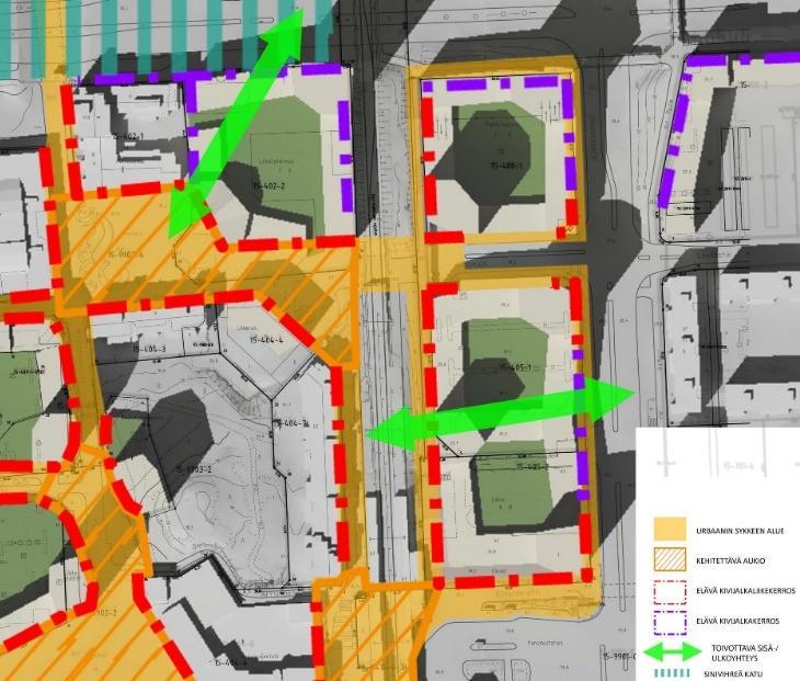 Julkisivu jäsennellään värivalinnoin ja materiaalein siten, että inhimillinen mittakaava säilyy ja katutasosta syntyy vaihteleva ja virikkeellinen.