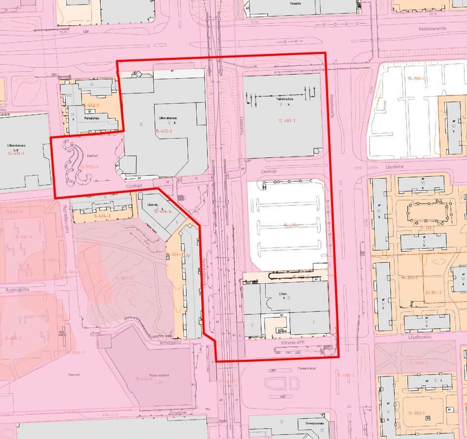 kaupungin maanomistuksessa sallittu kerrosala (kuvassa vaalean punaisella).