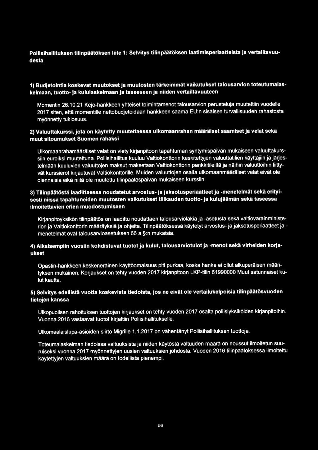21 Kejo-hankkeen yhteiset toimintamenot talousarvion perusteluja muutettiin vuodelle 2017 siten, että momentille nettobudjetoidaan hankkeen saama EU:n sisäisen turvallisuuden rahastosta myönnetty