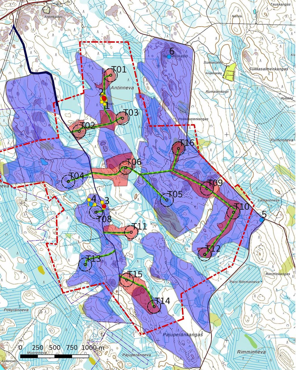 5 Kartta 2. Suunnitellut voimalapaikat T1 -T15, uudet tielinjaukset ja maakaapelilinjaukset vihreänä katkoviivana. Vuonna 2017 inventoitu ulkoinen sähkönsiirron linjaus mustana viivana.