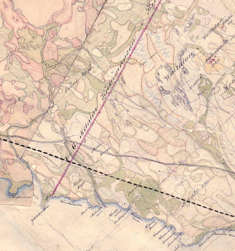 9 Ote 1800-luvun puolivälissä laaditusta pitäjänkartasta. Kartalla ei ole kohdealueen asutukseen tai suoraan elinkeinoihin liittyviä merkintöjä, alueella kulki kuitenkin metsäpolkuja/ teitä.