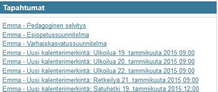 linkistä pääset suoraan kyseiseen tapahtumaan. Kalenteritapahtumista näytetään 3 päivää vanhoja tapahtumia sekä 30 päivää tulevia tapahtumia. 5.4.