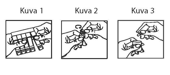 1. Valmista sumutuslaite täyttöä varten laitteessa olevien tai lääkärin antamien ohjeiden mukaan. 2. Irrota liuskasta yksi säiliö (kuva 1). 3. Avaa säiliö taittamalla kärki irti (kuva 2). 4.