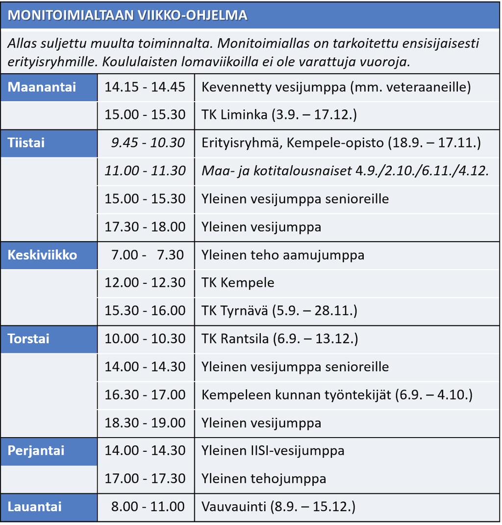 LIIKUNTAPALVELUT Soveltuvan liikunnan ryhmiä Liikuntastartti-kurssit: * Zimmari on suljettu vuosihuollon johdosta 31.8.2018 saakka.1.9. alkaen normaalit aukioloajat.