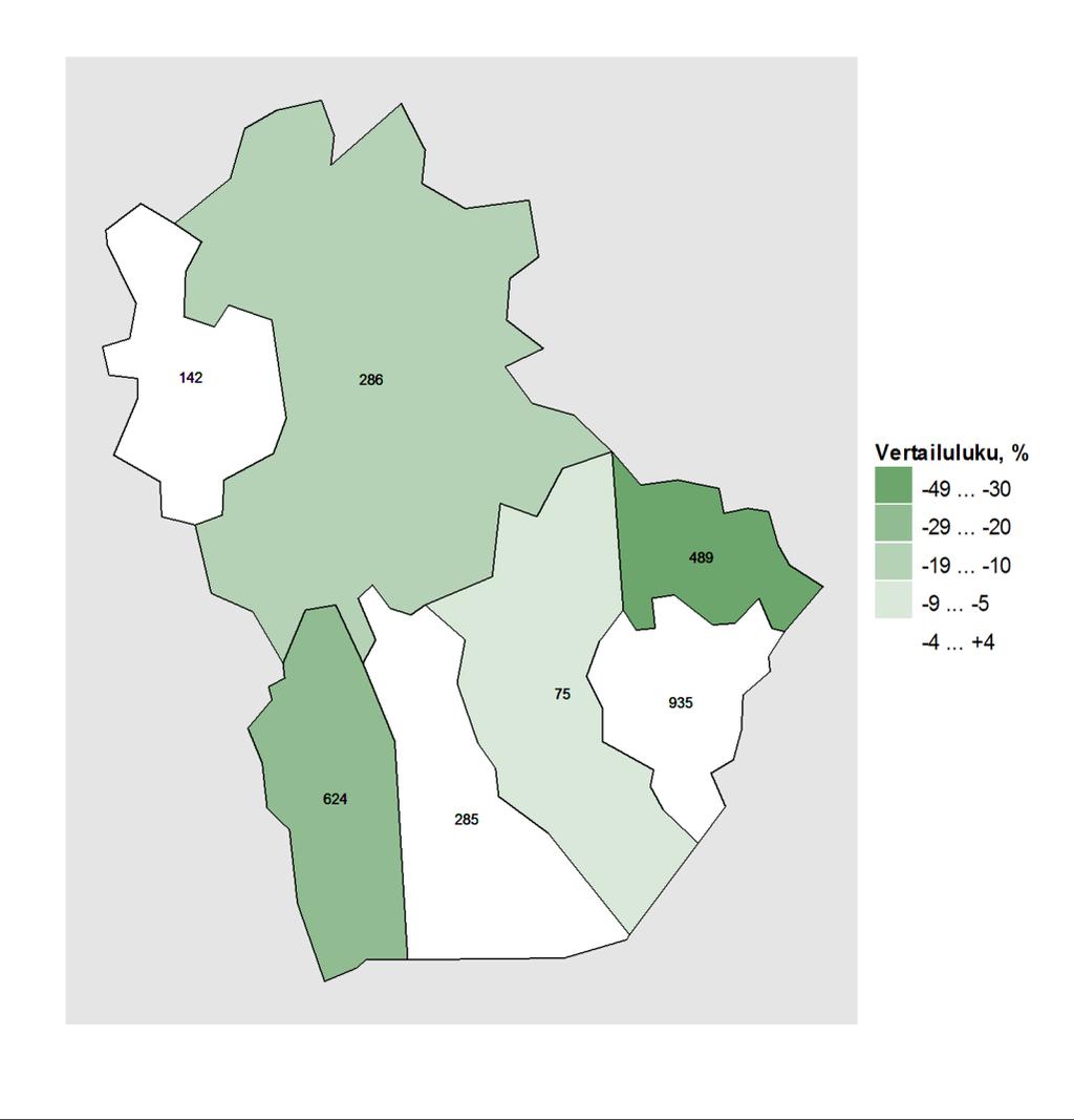 Kartta 1. Vammojen ja myrkytysten aiheuttamat hoitojaksot alueen kunnissa vuosina 2011 2015, vertailutiedot koko maan tilanteeseen. Kartta: Maanmittauslaitoksen Yleiskartta 1:4 500 000, 2011.