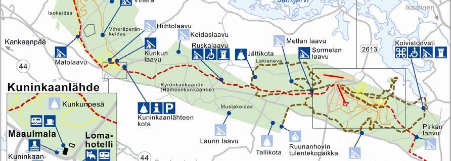 Viidentienristeyksestä pohjoiseen aina Valkiajärven rantaan saakka on lisäksi Niinisalon ratsastajien kiinteä maastoesterata. Hämeenkankaalla ei ole Metsähallituksen asiakas- tai opastuspalvelua.