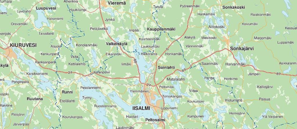 Kuva 1. Iisalmen kartta [14]. Väestö Iisalmen kaupungin asukasluku on 21 639 (31.12.2017) [1]. Asukasluku on laskenut viime vuosina 0,3 0,8 % vuodessa.