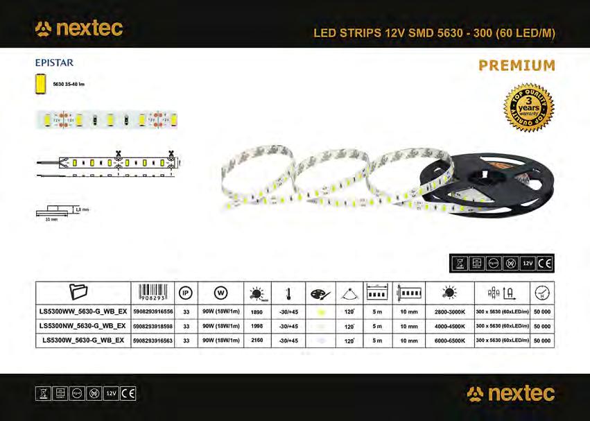 12 V, SMD, 2835-300 (60 lediä/m), IP20