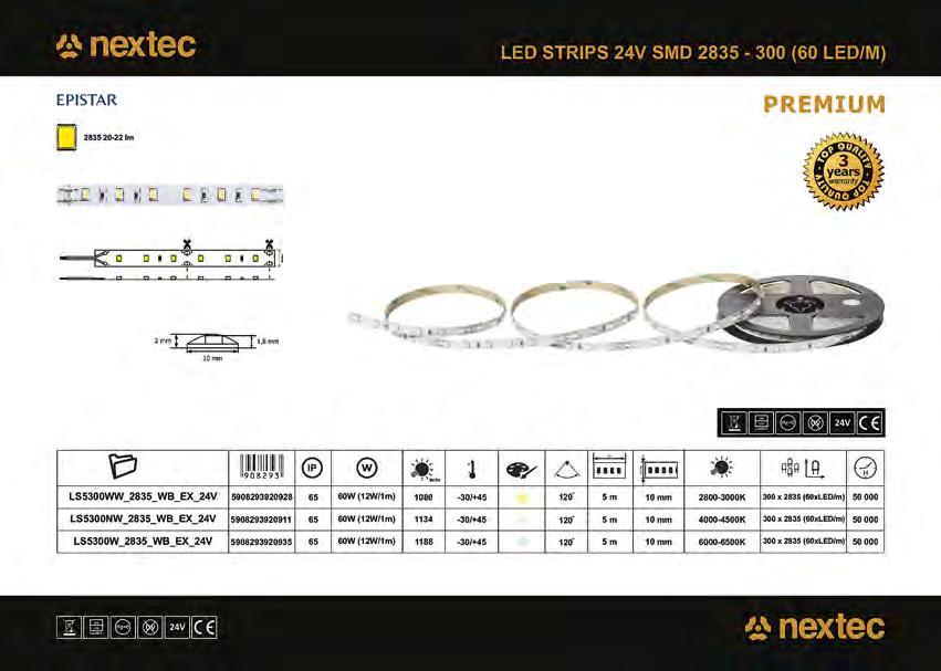 24 V, SMD, 2835-300 (60 lediä/m), IP65