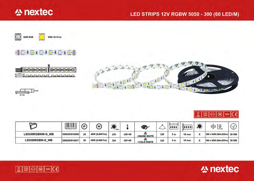 12 V, RGBW, 5050-300 (60 lediä/m), IP33