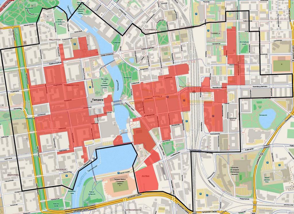 Tampereen elävä keskusta-alue Elävän keskustan muodostavat ns. kuumat korttelit ja sitä ympäröivä +200 m elävä keskusta-vyöhyke*.