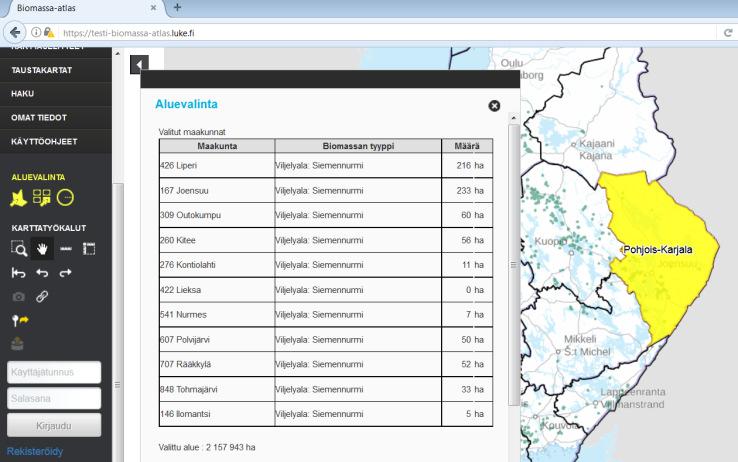 Biomassa-atlaksesta pystyy laskemaan aloja kunnittain, maakunnittain,