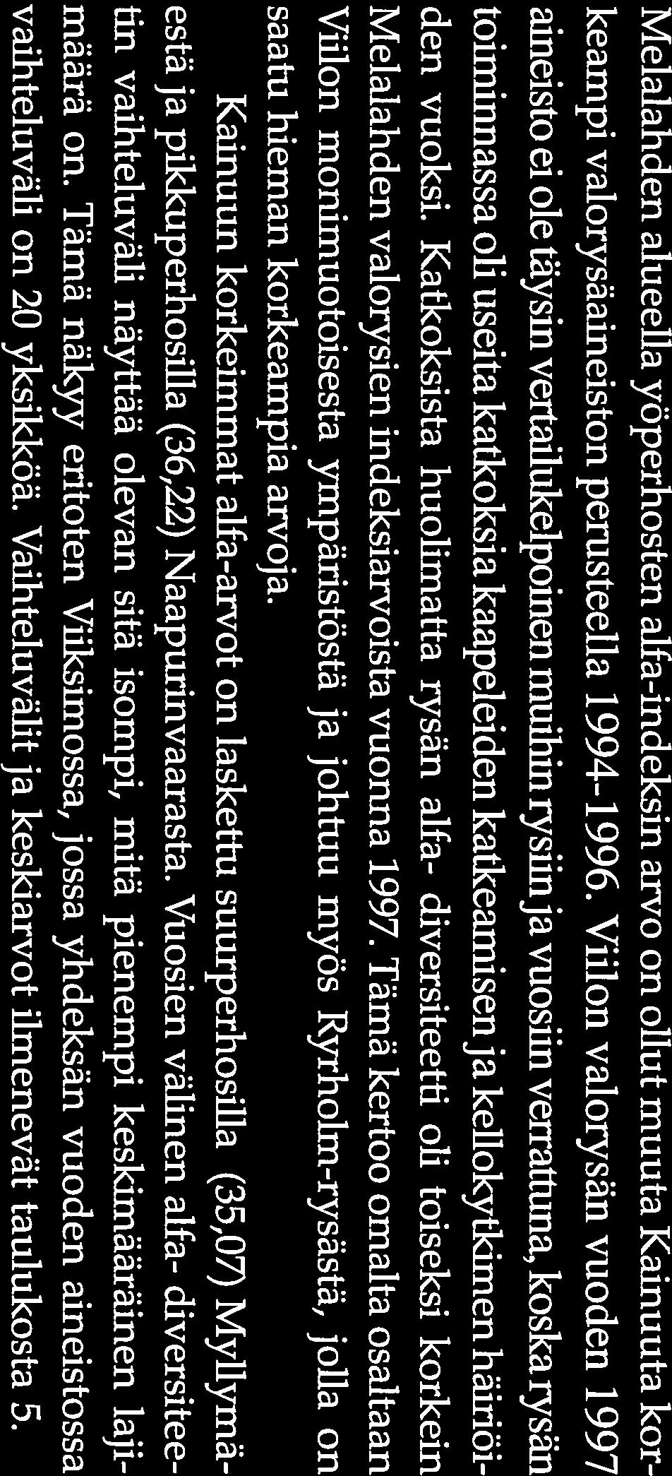 den vuoksi. Katkoksista huolimatta rysän aifa- diversiteetti oli toiseksi korkein Melalahden valorysien indeksiarvoista vuonna 1997.