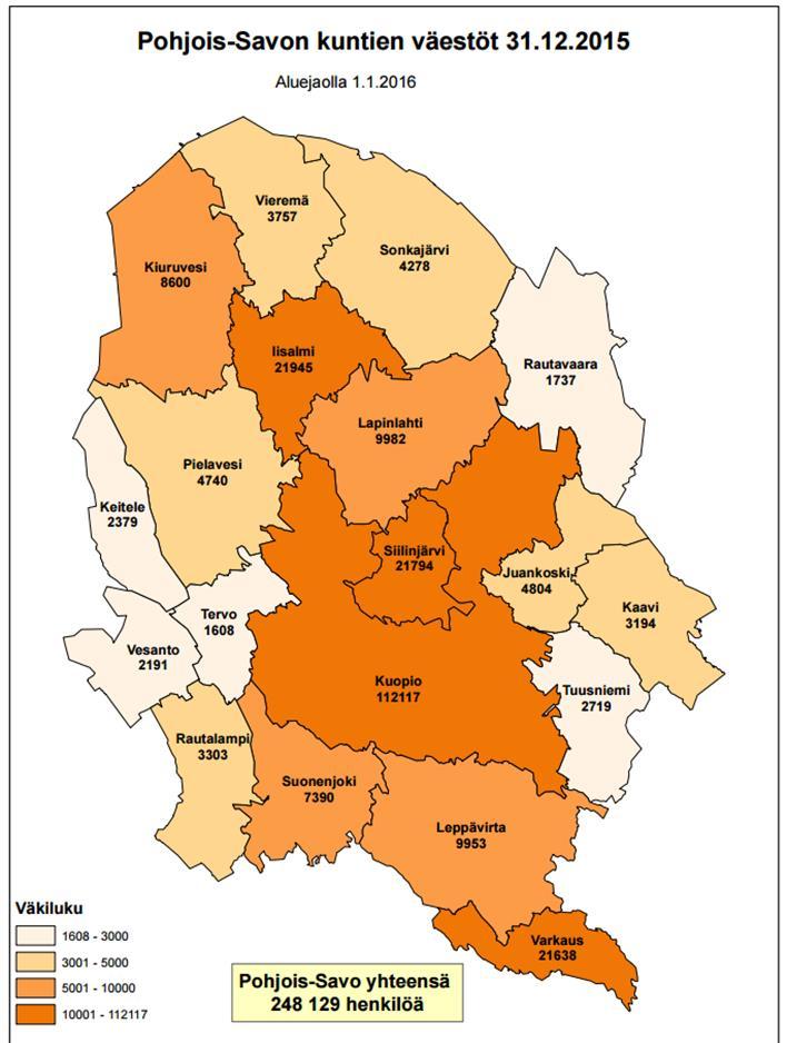 Pohjois-Savo 19 kuntaa, joista 6 on kaupunkeja (Kuopio, Varkaus, Iisalmi, Suonenjoki, Kiuruvesi ja Juankoski).
