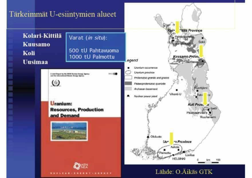 raporttitiedostojaan. Uraanivyöhyke Kuusamossa, Posiolla ja Sallassa (katkoviiva) ja Juomasuon uraanimalmio.