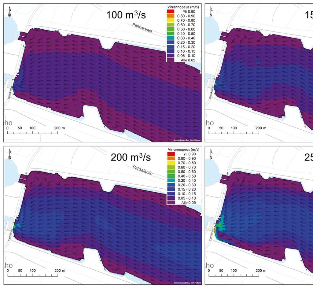 Luonnonvara- ja biotalouden tutkimus 45/2018 Kuva 28. 3D-virtausmallin mukaiset virtauskentät neljällä virtaamavaihtoehdolla metrin syvyydessä pinnan alapuolella Kierikin voimalan yläkanavassa.