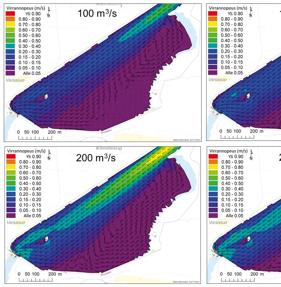 Luonnonvara- ja biotalouden tutkimus 45/2018 Kuva 30. 3D-virtausmallin mukaiset virtauskentät neljällä virtaamavaihtoehdolla metrin syvyydessä pinnan alapuolella Maalismaan voimalan yläkanavassa.
