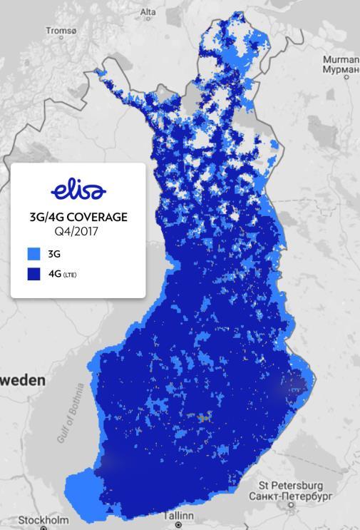 Rakensimme nopeita laajakaistayhteyksiä Kasvatimme nopeiden mobiilidatayhteyksien saatavuutta Yli 99 % väestöpeitto Suomessa ja Virossa 4G-verkossamme Laajensimme edelleen kuituverkkoamme, ja