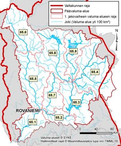 Kuva 6. Kemijoen vesistön valuma-aluejako. 2.3.2 Joet ja järvet Kemijoen vesistöalueen pääjoki, Kemijoki on Suomen suurin ja pisin joki, joka saa alkunsa Tunturi-Lapista (Kuva 7).