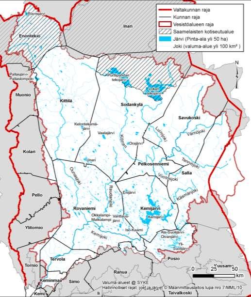 Kuva 7. Kemijoen suurimmat sivujoet ja vesistöalueen suurimmat järvet sekä kuntarajat 2.3.