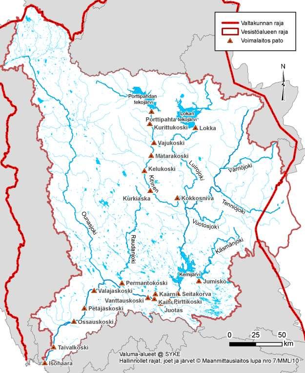 Kuva 11. Kemijoen vesistöalueen voimalaitospatojen sijainti. Säännöstelyn lisäksi Kemijoen vesistöalueella on monenlaista vesistön käyttöä.