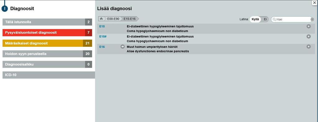 Haluttu diagnoosi valitaan rivin lopusta +kuvakkeesta tai valitsemalla diagnoosin kuvaustekstin.