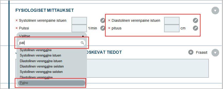 Mittauksia voi hakea hakukentästä tekstihaulla tai selaamalla suoraan pudotusvalikosta.