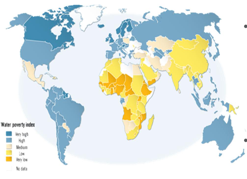 Vesiköyhyysindeksi Kuva 7. Vesiköyhyysindeksi eri maissa. Suomi on arvioitu maailman rikkaimmaksi maaksi veden suhteen (World Water Council ja Britannian Centre for Ecology and Hydrology).