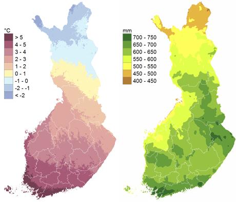 Vuoden keskilämpötila ja sademäärät - sadanta 660 mm/a - haihdunta 320 mm/a - valunta 340 mm/a Kuva 10.