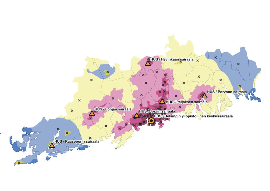 Kuvio 2 Uudenmaan maakunnan terveydenhuollon palveluverkko ja kaupunki maaseutu-luokitus (SYKE) Kaupunki maaseutu luokitus Sisempi kaupunkialue Ulompi kaupunkialue Kaupungin kehysalue Maaseudun