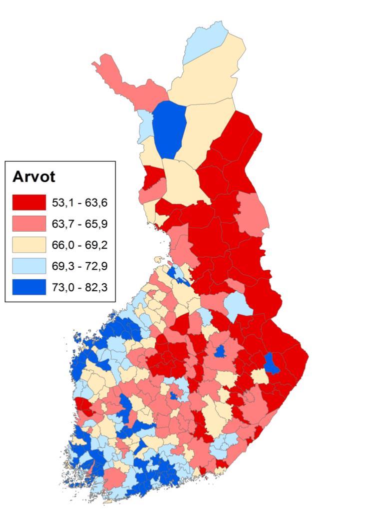 Koko maan työllisyysaste oli 68,3 % ja mediaanikunnan 68 % vuonna 2016 (heinäkuussa 2018 koko maan työllisyysaste nousi jo 71,9 %:iin).