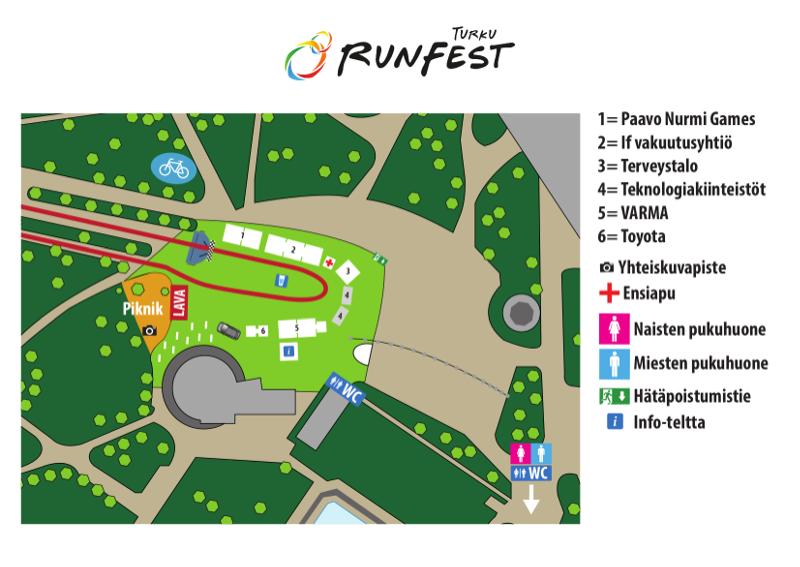 RUNFEST-KYLÄ JA PIKNIK RunFestin varsinainen tapahtuma-alue eli RunFest-kylä sijaitsee Kupittaan urheiluhallin ja ravintola Kupittaan Paviljongin välissä Pyhän Henrikin Aukiolla.