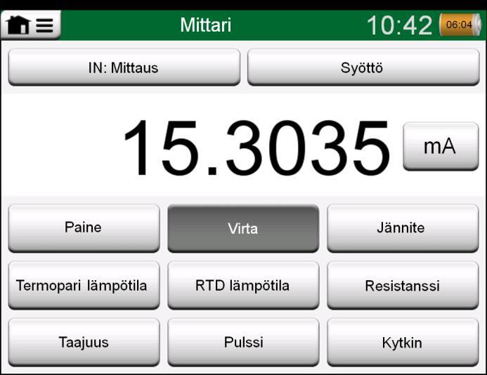 Alla oikealla olevan kuvan kaltainen näkymä avautuu. Mitataksesi tee seuraavasti: Valitse mitattavan signaalin mukainen Suure napauttamalla yhtä ikkunan alareunassa olevista yhdeksästä näppäimestä.