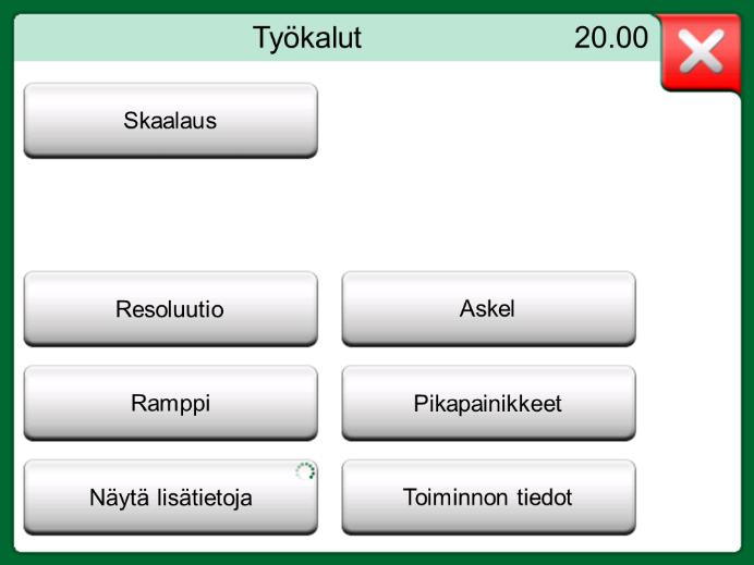 34 MC6 käyttöohje Osa 4, Kalibraattori Työkalu Suodatus Resoluutio Lisätieto Toiminnon tiedot Askellus Ramppi Pikapainikkeet Kuvaus Käytä suodatusta, kun mitattavassa signaalissa on kohinaa.