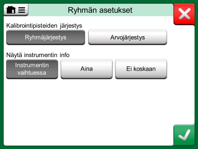 Ryhmäkalibrointi - Ryhmän kalibrointi 47 RYHMÄN ASETUKSET Ryhmän asetuksissa voit määrittää kaksi asiaa: Kalibrointipisteiden järjestys, eli kuinka kalibrointipisteet käydään läpi. Lisätietoa alla.