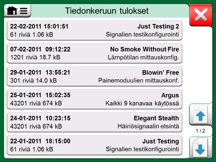 Kaikilla tulossivuilla on tarjolla mahdollisuus joko tallentaa tai hylätä tulokset. Tallennuksen yhteydessä tiedonkeruutuloksille on mahdollisuus antaa kuvaava nimi.