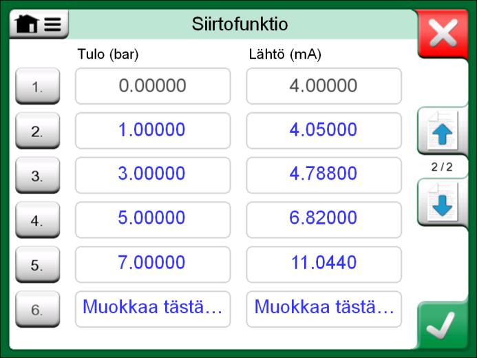 Konfigurointi tehdään kahdella tai useammalla sivulla, oikealla olevien kuvien mukaisesti. Ensimmäisellä sivulla on yleiset määrittelyt ja toiselle sivulle syötät siirtofunktion pisteparit.