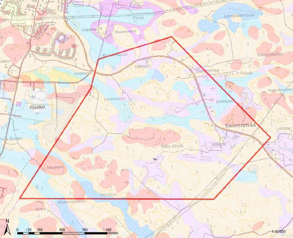 6 Kuva 2.4. Saarenmaa-Rusko OYK-alueen maaperä. Analyysin apuna käytetyt paikkatietoaineistot GTK ja taustakartta MML, aineistot on poimittu latauspalveluista 04-05/2017.