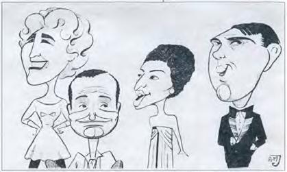 52 Cartoon getekend door een Finse student van de hoofdrolspelers in het toneelstuk Private Lives, dat werd opgevoerd door leden van de Brits-Finse Vereniging (eerste van links: Diana).