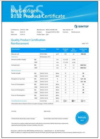 NorGeoSpec Laatusertifiointi (Quality Product Certification QPC) : suodattaminen, erottaminen ja lujittaminen Tuoteprofiilit (Quality Product