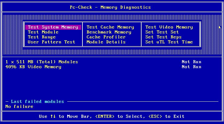 Muistitestaus toteutetaan Memory-valinnalla: Muistitestauksessa voidaan testata järjestelmän keskusmuisti, jota tässä esimerkissä on 512 Mt, välimuisti sekä laitteen