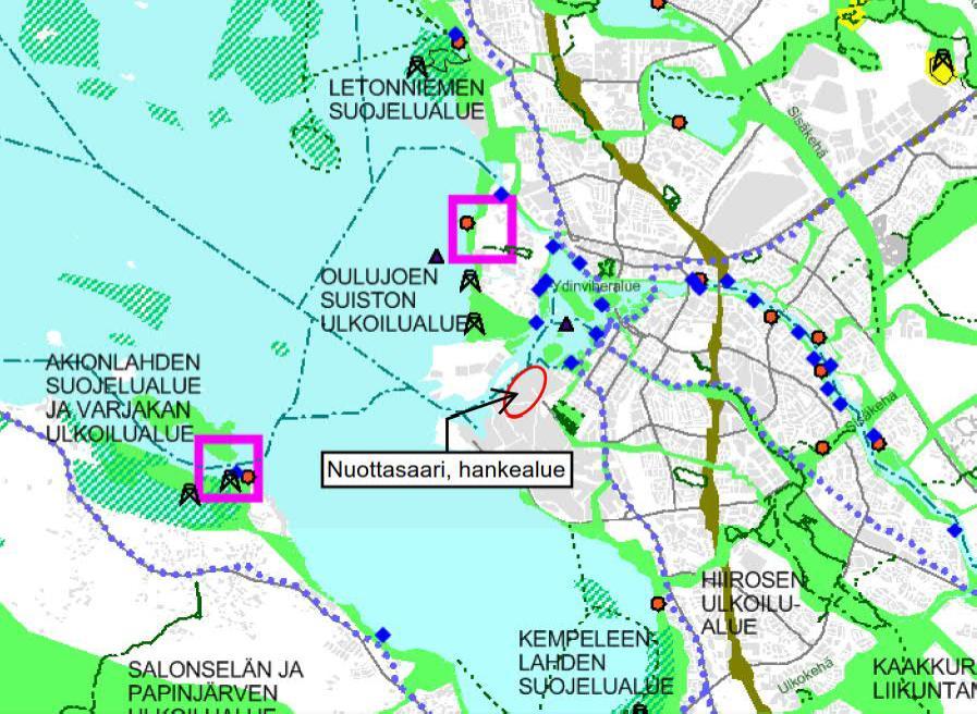 Uuden Oulun yleiskaavassa osoitetut Natura-alueet ja muut luonnonsuojelualueet on kuvattu luvussa 6.9 sekä arvokkaat maisema-alueet ja/tai merkittävät kulttuurihistorialliset ympäristöt luvussa 6.2.