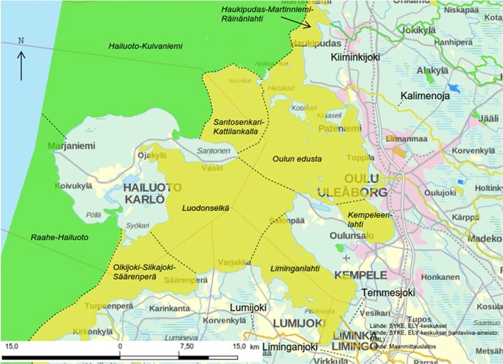 Kuva 6-25. Oulun edustan vesimuodostumat ja niiden ekologinen tila (Suomen ympäristökeskus 2017). Vihreä = hyvä tila, keltainen = tyydyttävä tila, oranssi = välttävä tila. 6.7 Kalasto ja kalastus Oulun edustan merialueella seurataan kalaston ja kalastuksen tilaa yhteistarkkailuohjelman puitteissa (Lapin Vesitutkimus Oy 2011a).