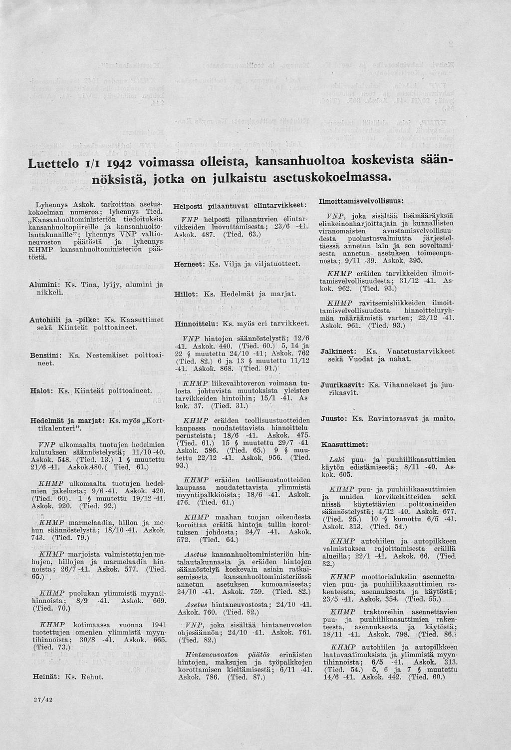 Luettelo i/i 1942 voimassa olleista, kansanhuoltoa koskevista säännöksistä, jotka on julkaistu asetuskokoelmassa. Alumini: Ks. Tina, lyijy, alumini ja nikkeli. Autohiili ja -pilke: Ks.
