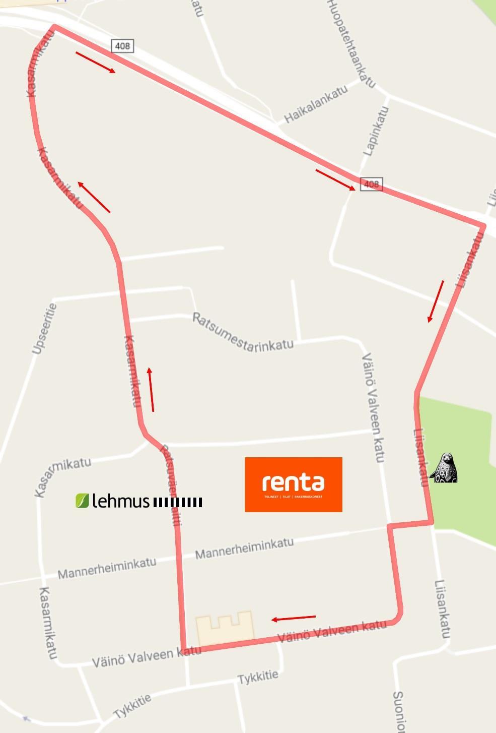 Reitti Korttelireitti on pituudeltaan 1,72 kilometriä. Kierrosten jäljellä oleva lukumäärä ilmoitetaan maalin kohdalla olevalla taululla. Viimeinen kierros ilmoitetaan kellonsoitolla.