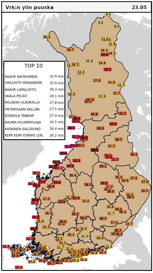 ta. Tämän jälkeen korkeapaine vahvistui ja yölämpötilojen laskun myötä kuukauden alin lämpötila, -12,4 astetta, mitattiin Enontekiöllä. toukokuuta.