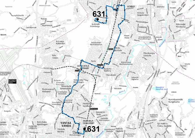 Liite 1-6 Linja 631 Tikkurilan asema Simonkylä Leinelän asema Koivukylän asema Rekola Korson asema Kulomäki Linja 631 Ruuhka Päivä/ilta La, päivä Su, päivä Vuoroväli, min 20 20/30 20 30 Linjan kuvaus